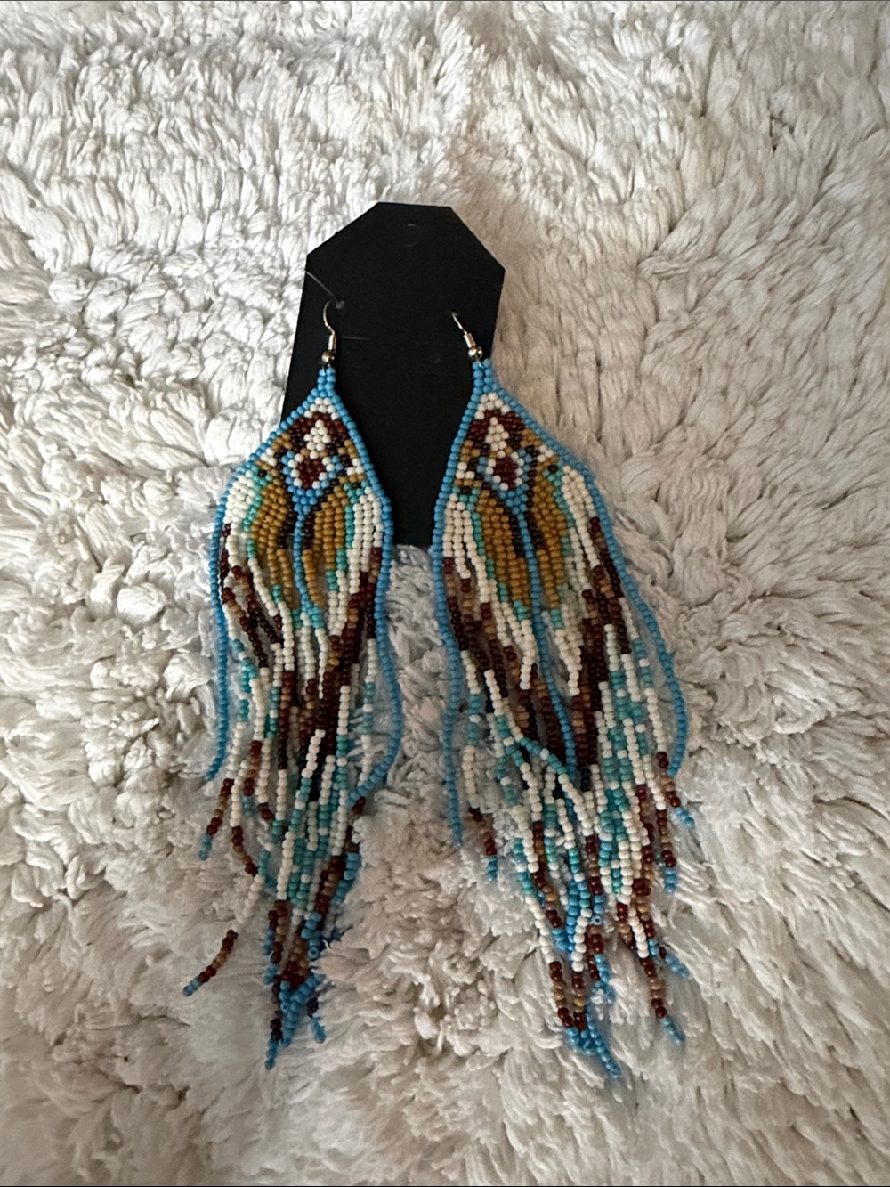 Handmade Beaded Fringe Earrings in Turquoise, Brown & White